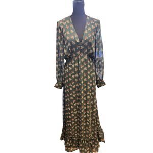 Rokoko Green Floral Maxi Dress Long Sleeve Boho Chic Size Small